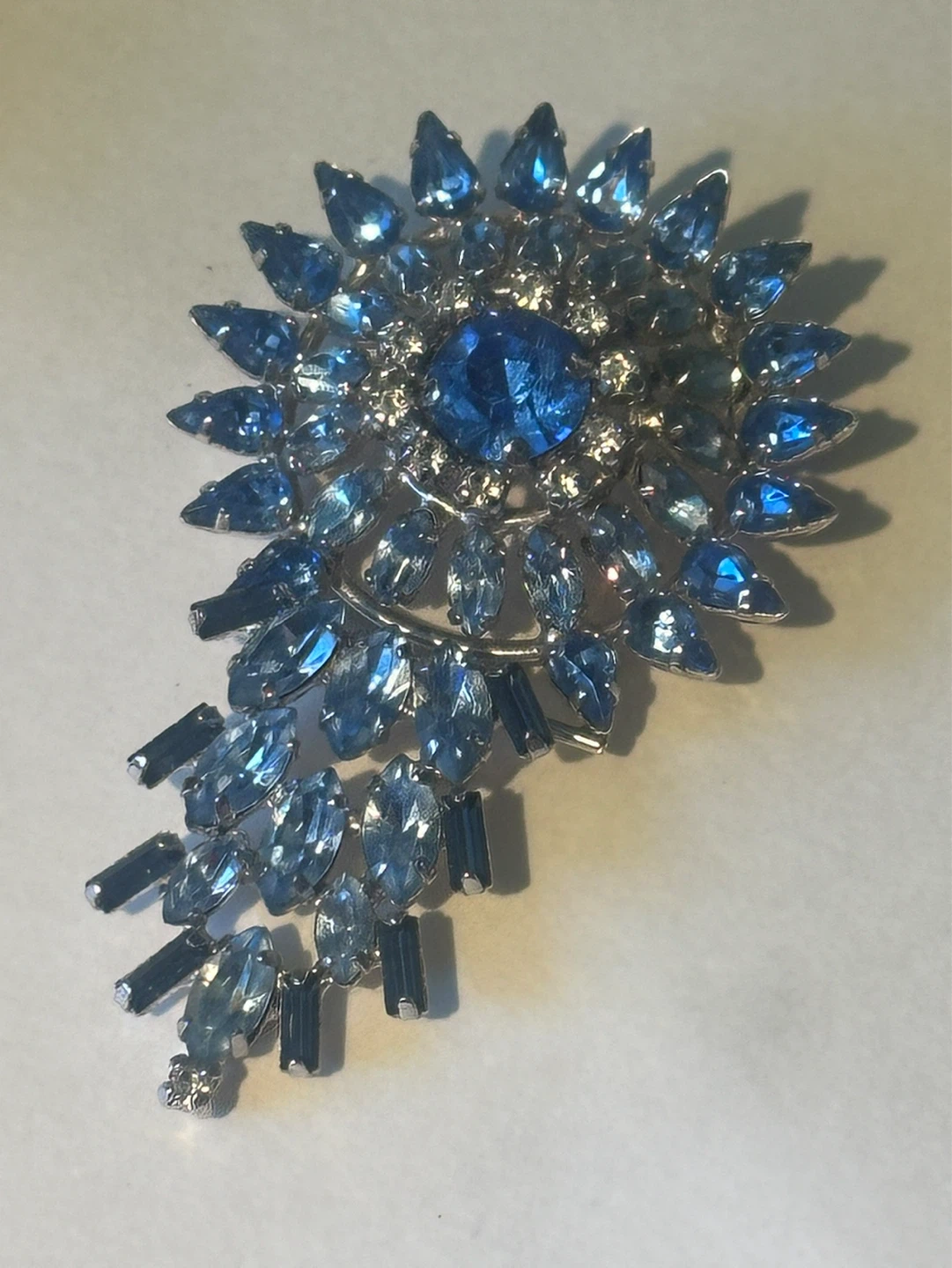 Signed Vintage Sterling Jay Flex Blue Rhinestone Brooch