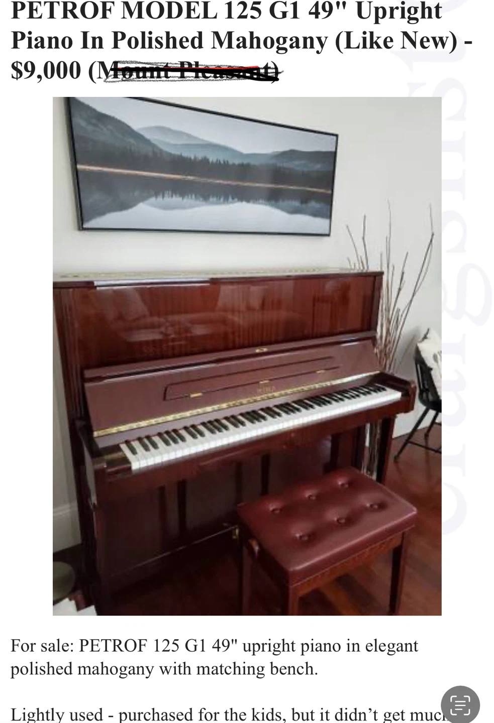 PETROF 125 G1 49" Upright Piano in Polished Mahogany
