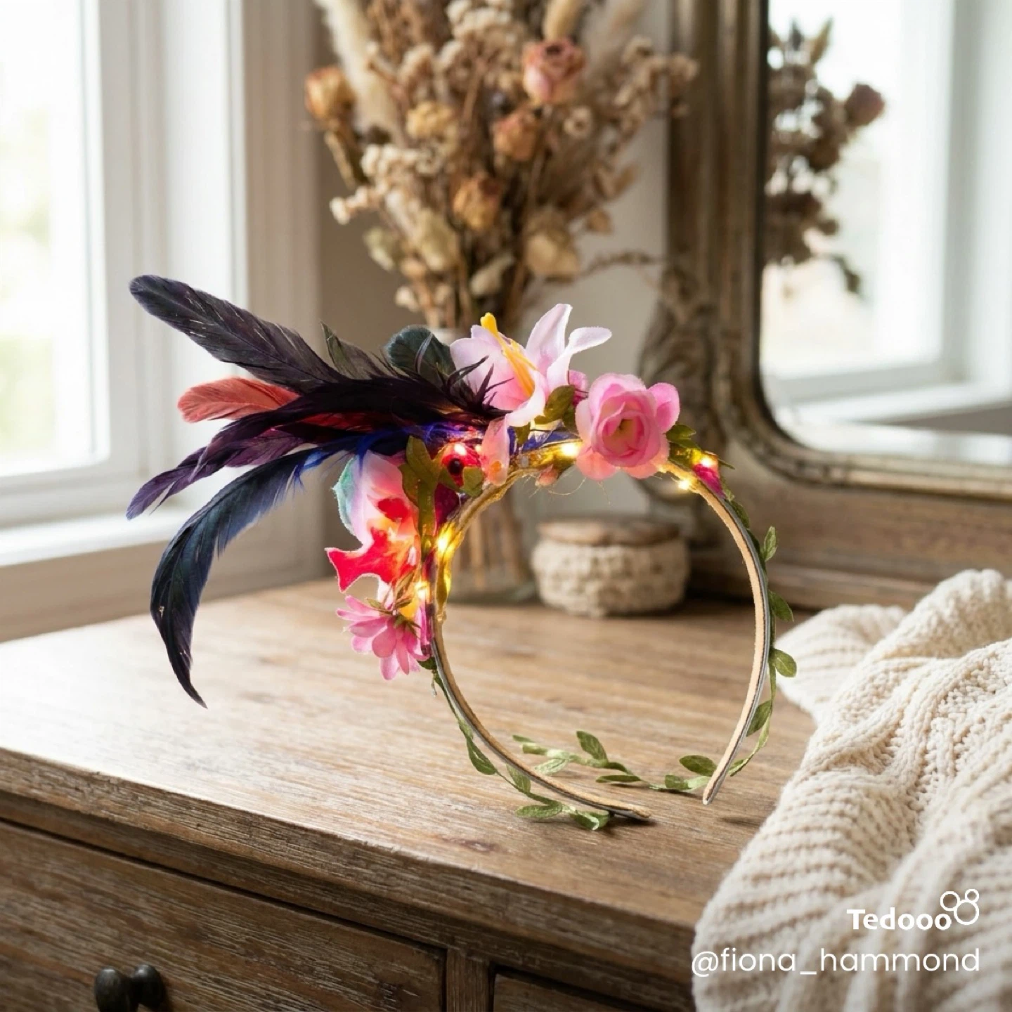 Floral LED Headband with Feathers