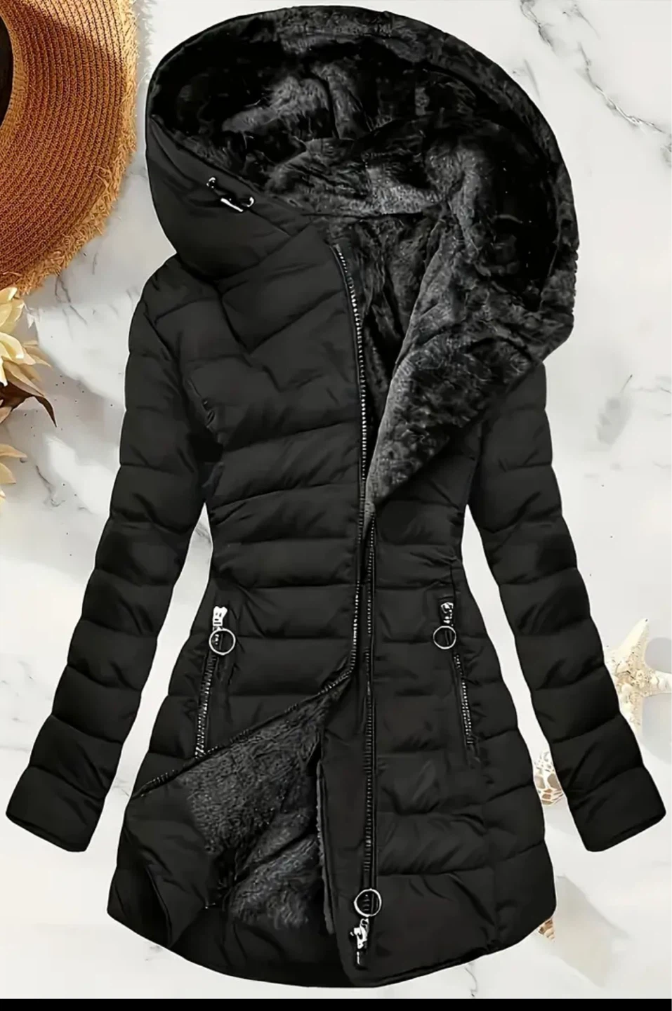 Black Puffer Coat with Fur Hood