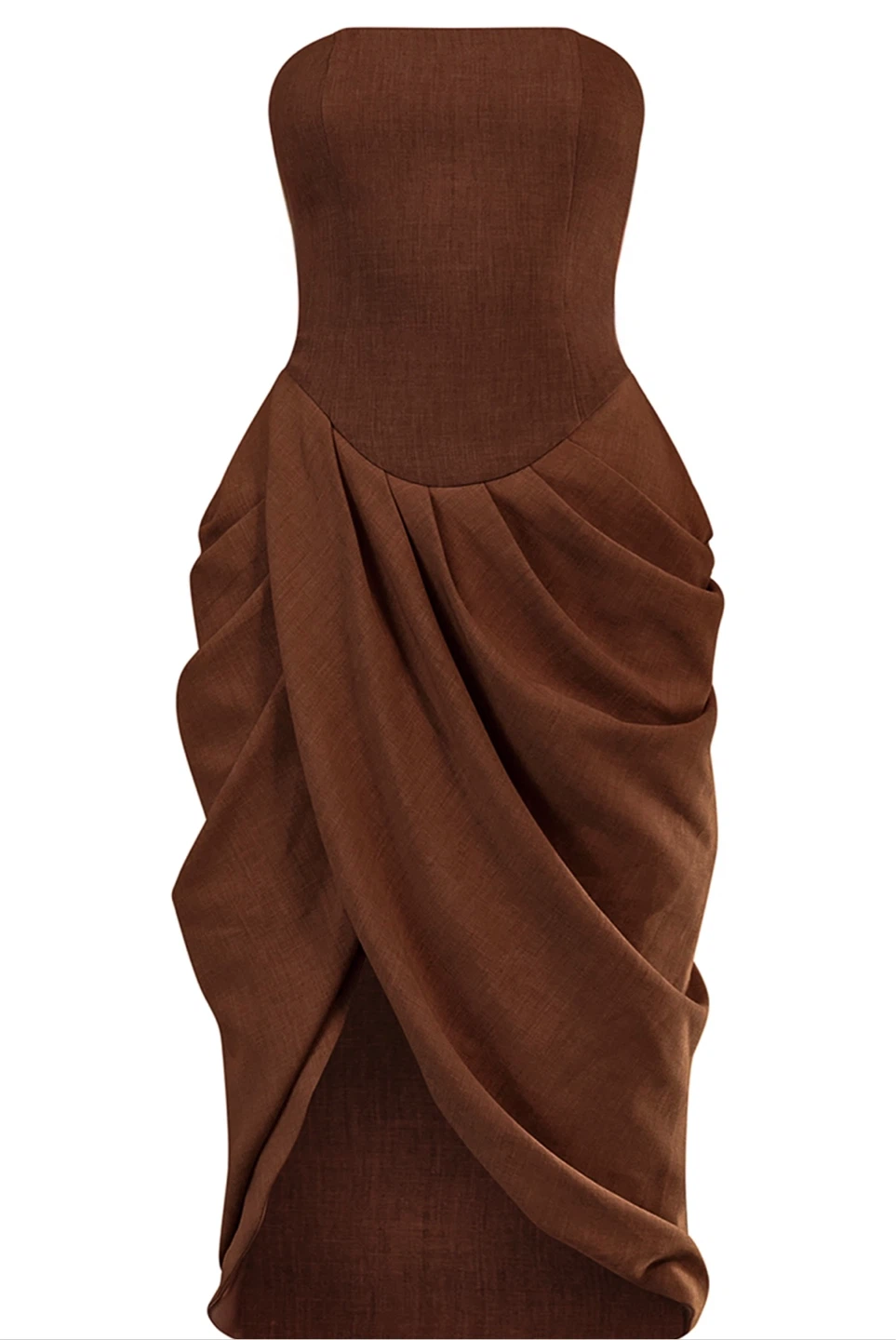 Strapless Brown Draped Midi Dress