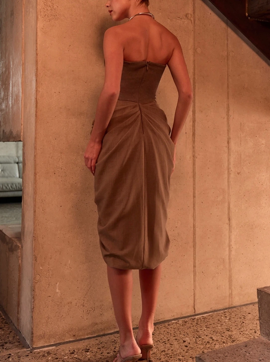 Strapless Brown Draped Midi Dress - photo 4