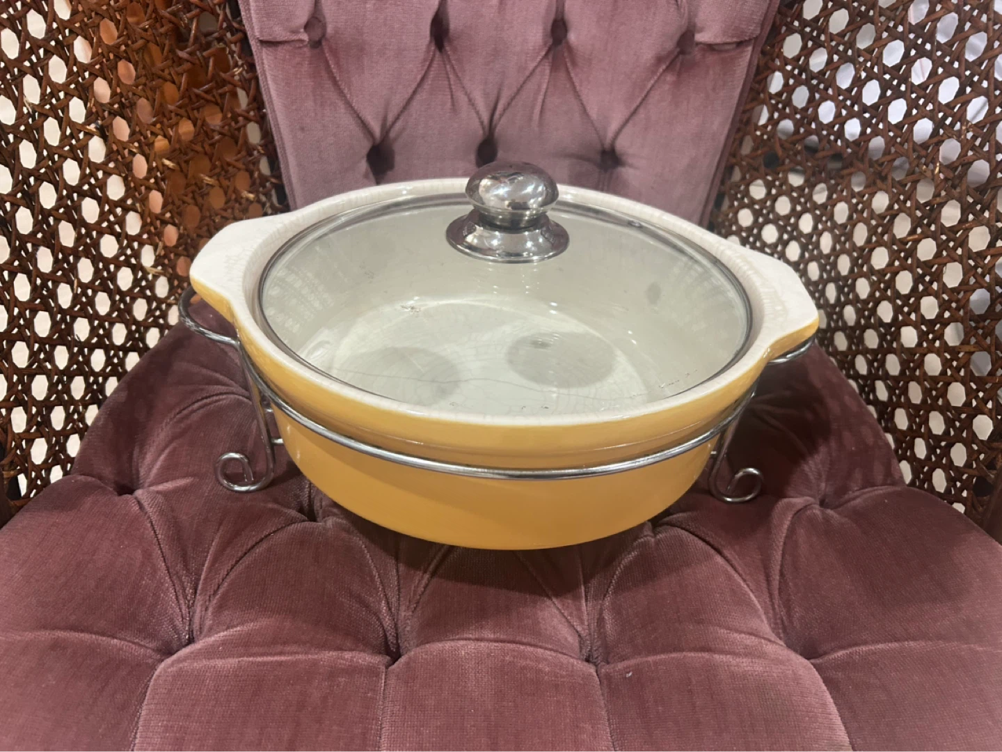 Yellow Ceramic Casserole Dish with Glass Lid and Stand - photo 3