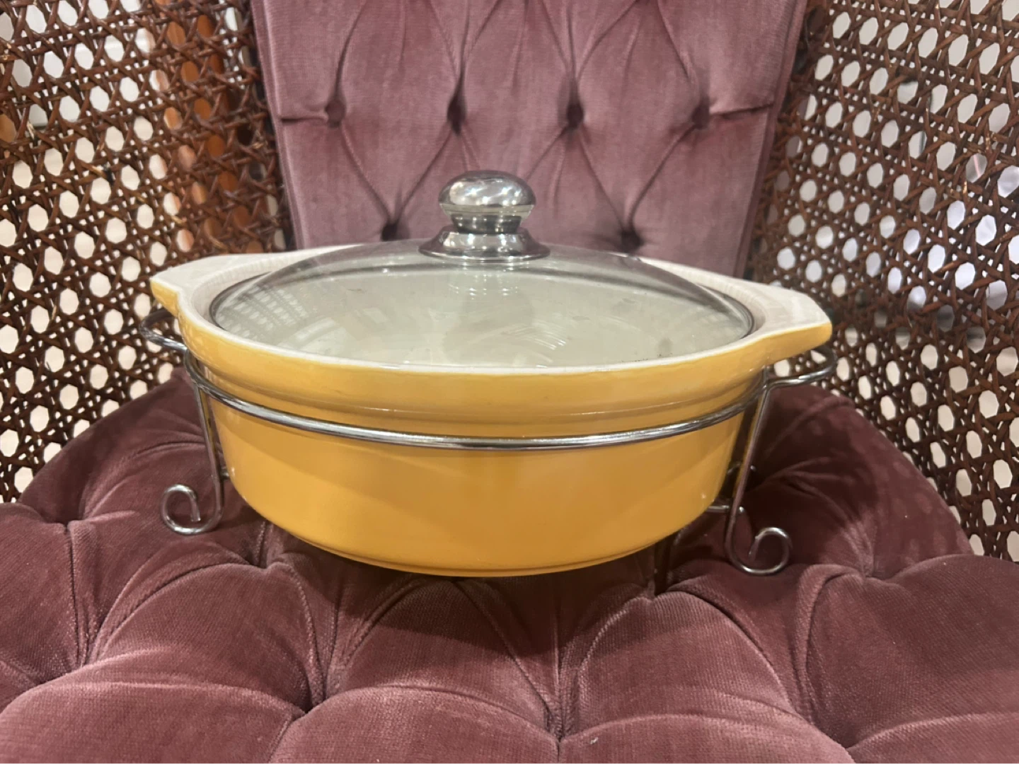 Yellow Ceramic Casserole Dish with Glass Lid and Stand - photo 2