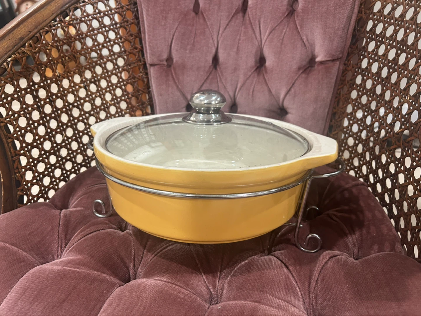 Yellow Ceramic Casserole Dish with Glass Lid and Stand