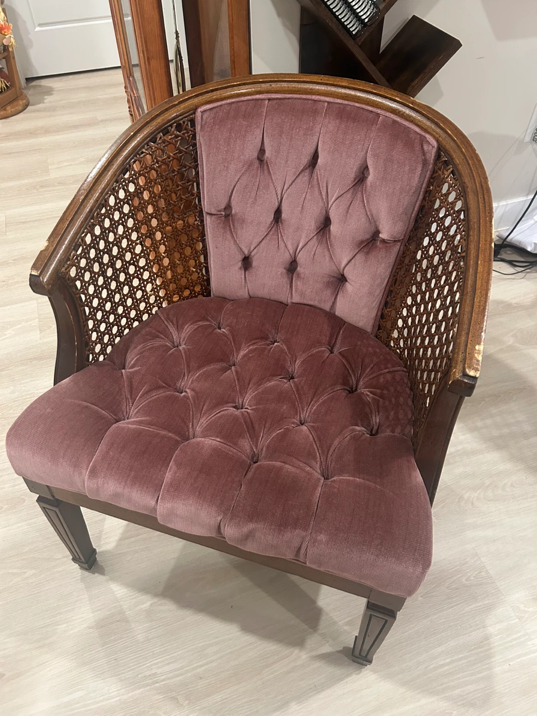 1960’s Vintage Cane Barrel Chair - Velvet Upholstery