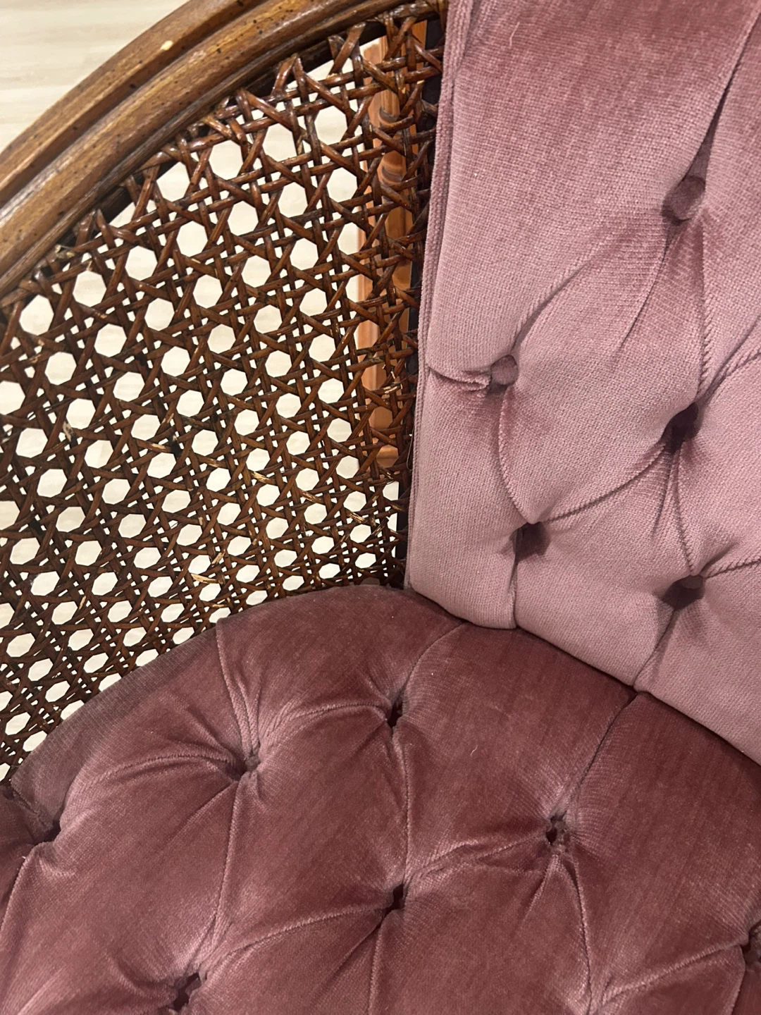 1960’s Vintage Cane Barrel Chair - Velvet Upholstery - photo 3