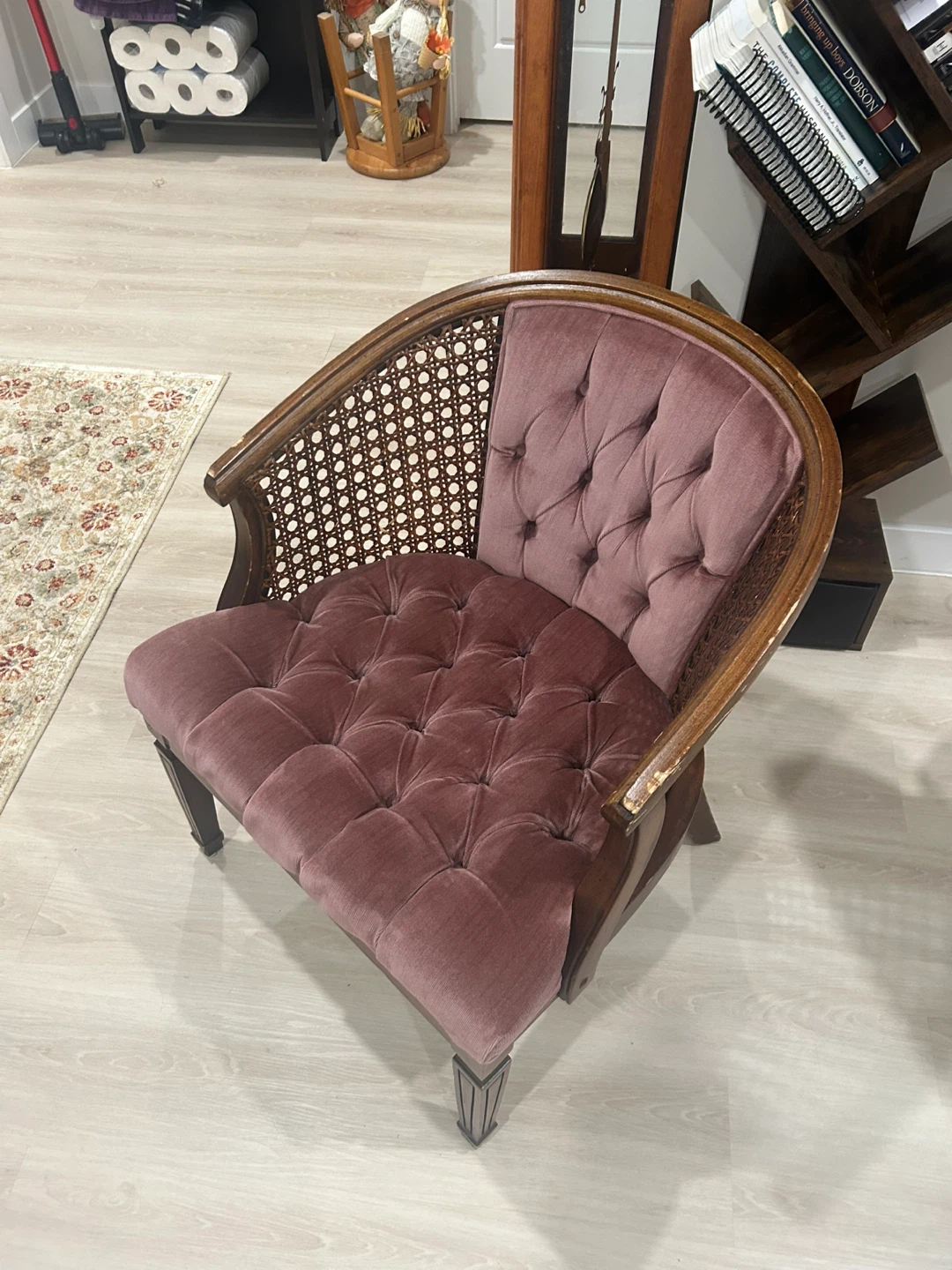 1960’s Vintage Cane Barrel Chair - Velvet Upholstery - photo 4