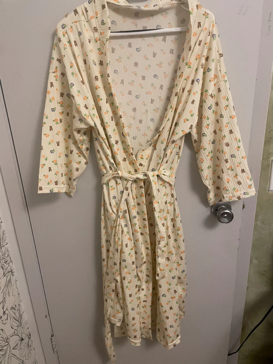 Cream Robe with Bear and Flower Print