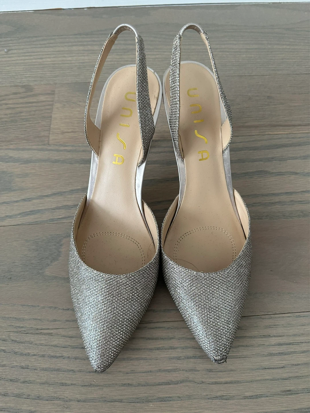 ⚽️ Unisa Silver Glitter Slingback Heels