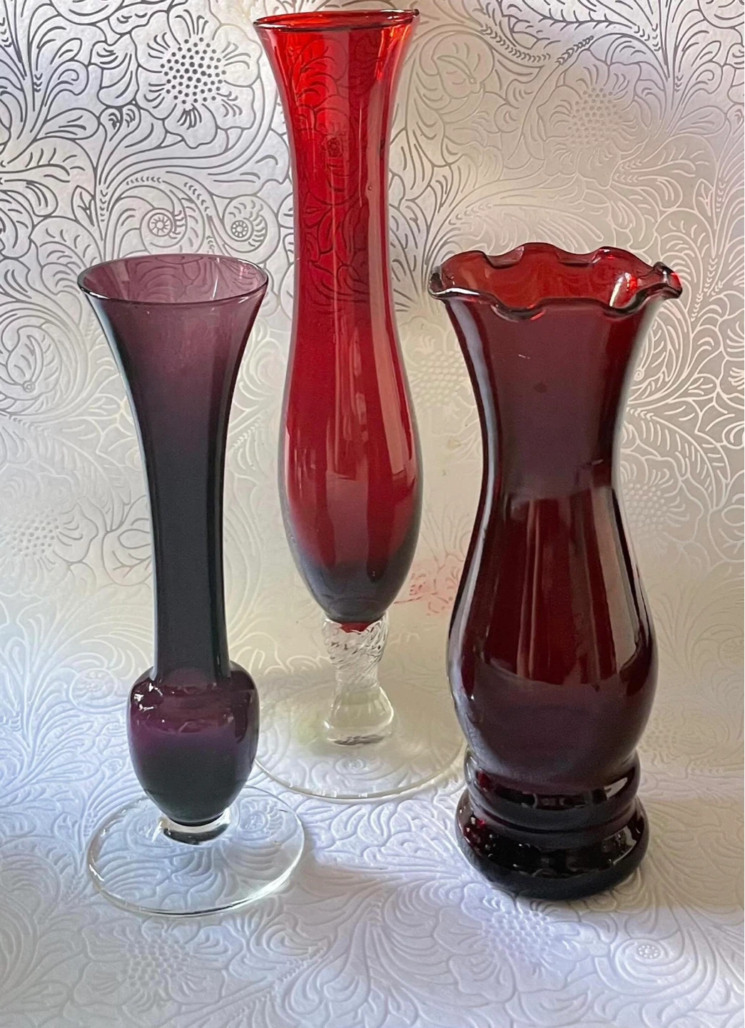 Vintage ruby red glass flower vase collection 3 piece lot ⚽️