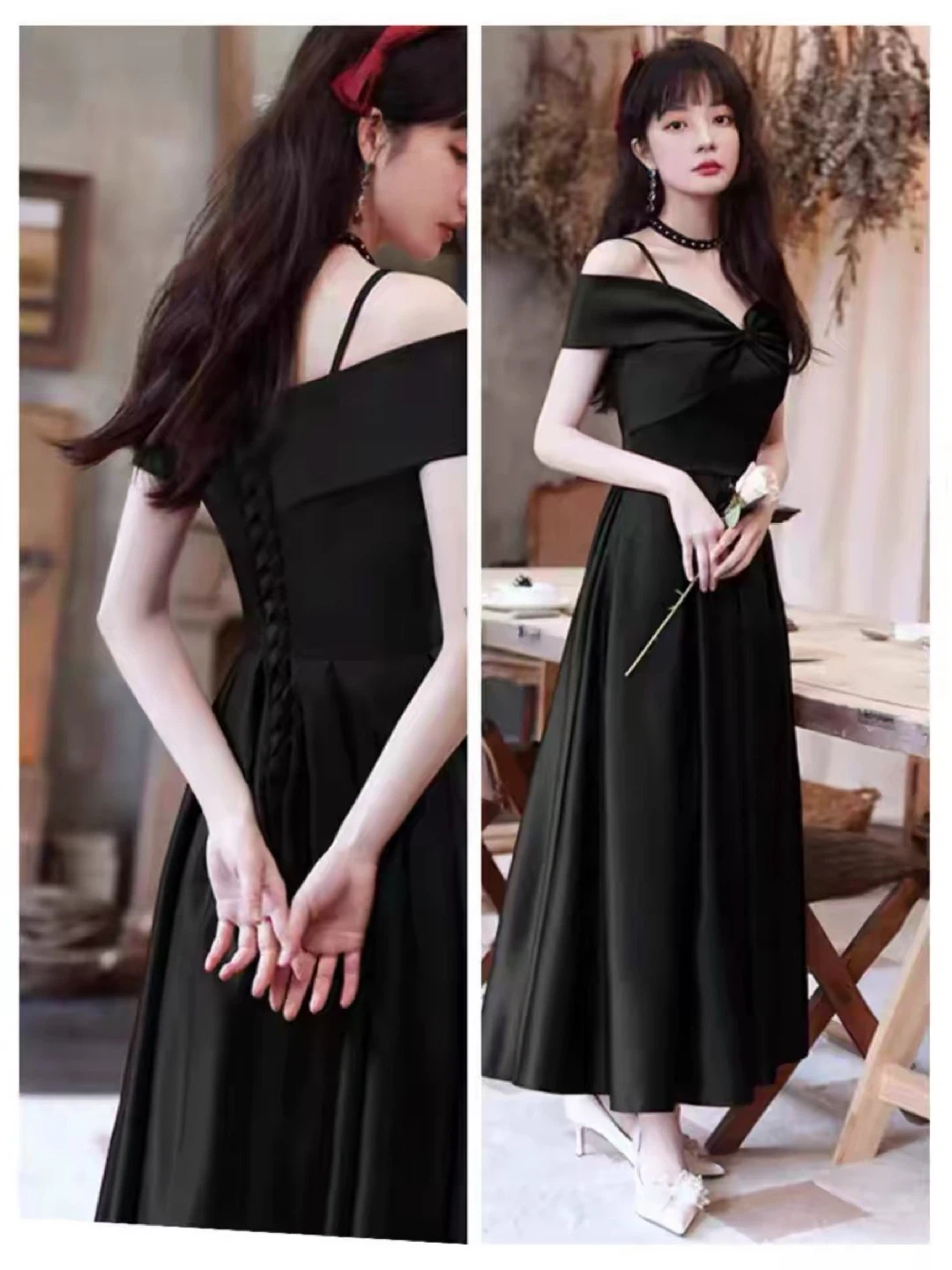 Black Off-the-Shoulder Midi Dress with Bow Detail