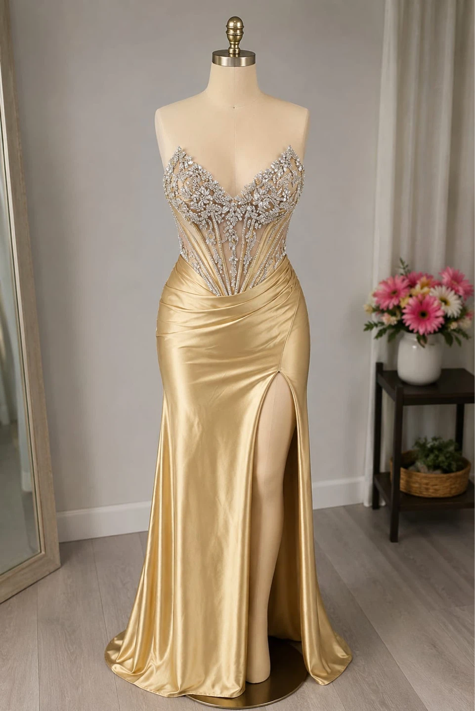 Gold Beaded Corset Gown with Slit