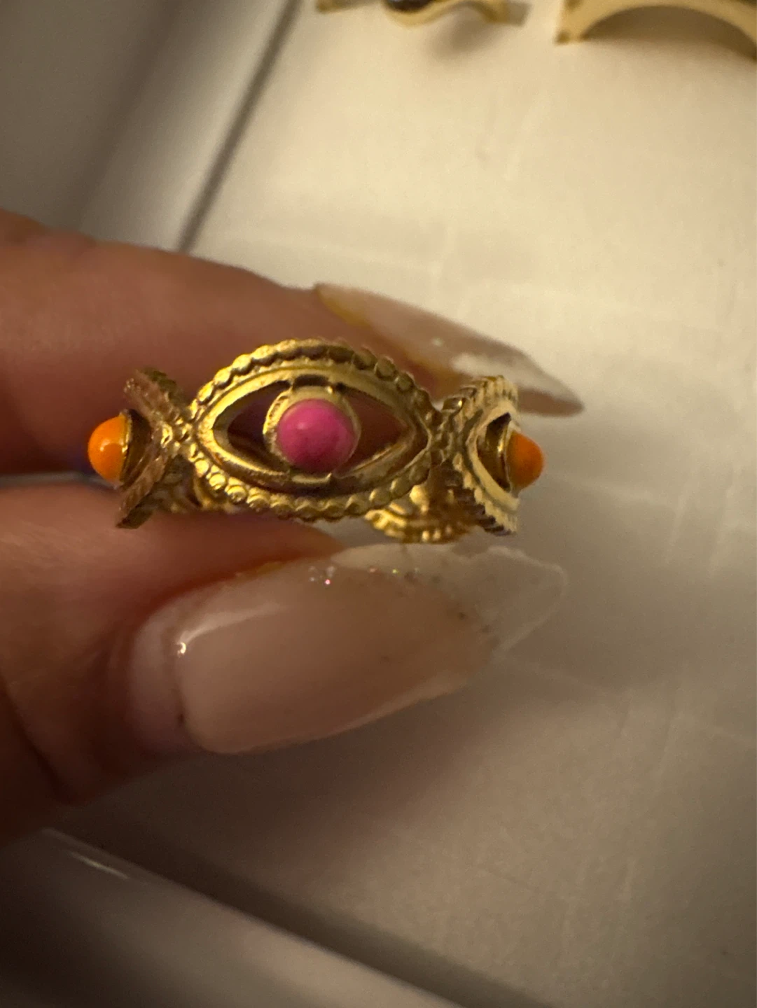 ⚽️ Gold stainless steel  evil eye ring with pink & orange stones