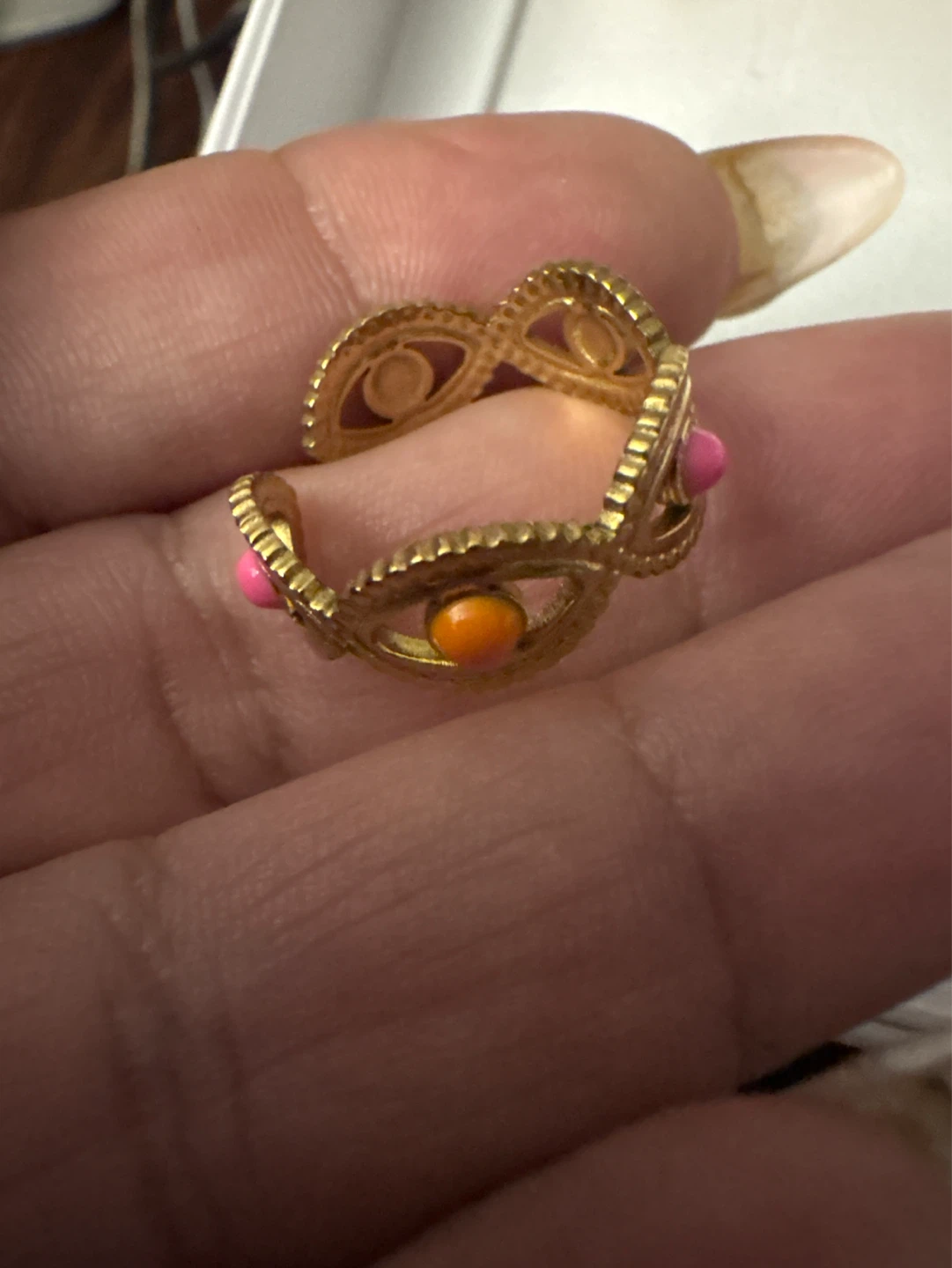 ⚽️ Gold stainless steel  evil eye ring with pink & orange stones - photo 4