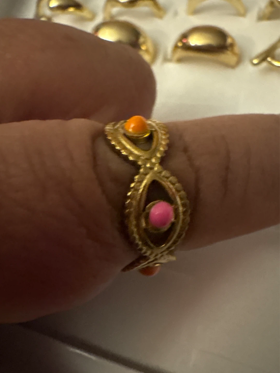 ⚽️ Gold stainless steel  evil eye ring with pink & orange stones - photo 2