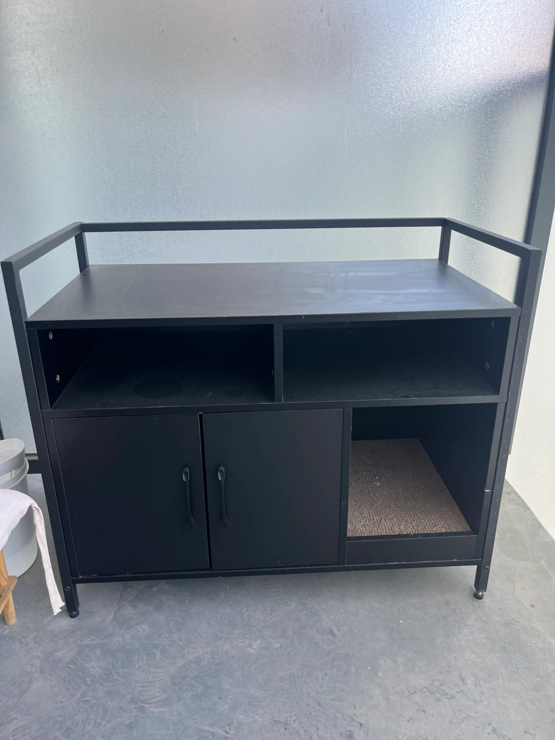 Black Storage Cabinet with Doors and Shelves