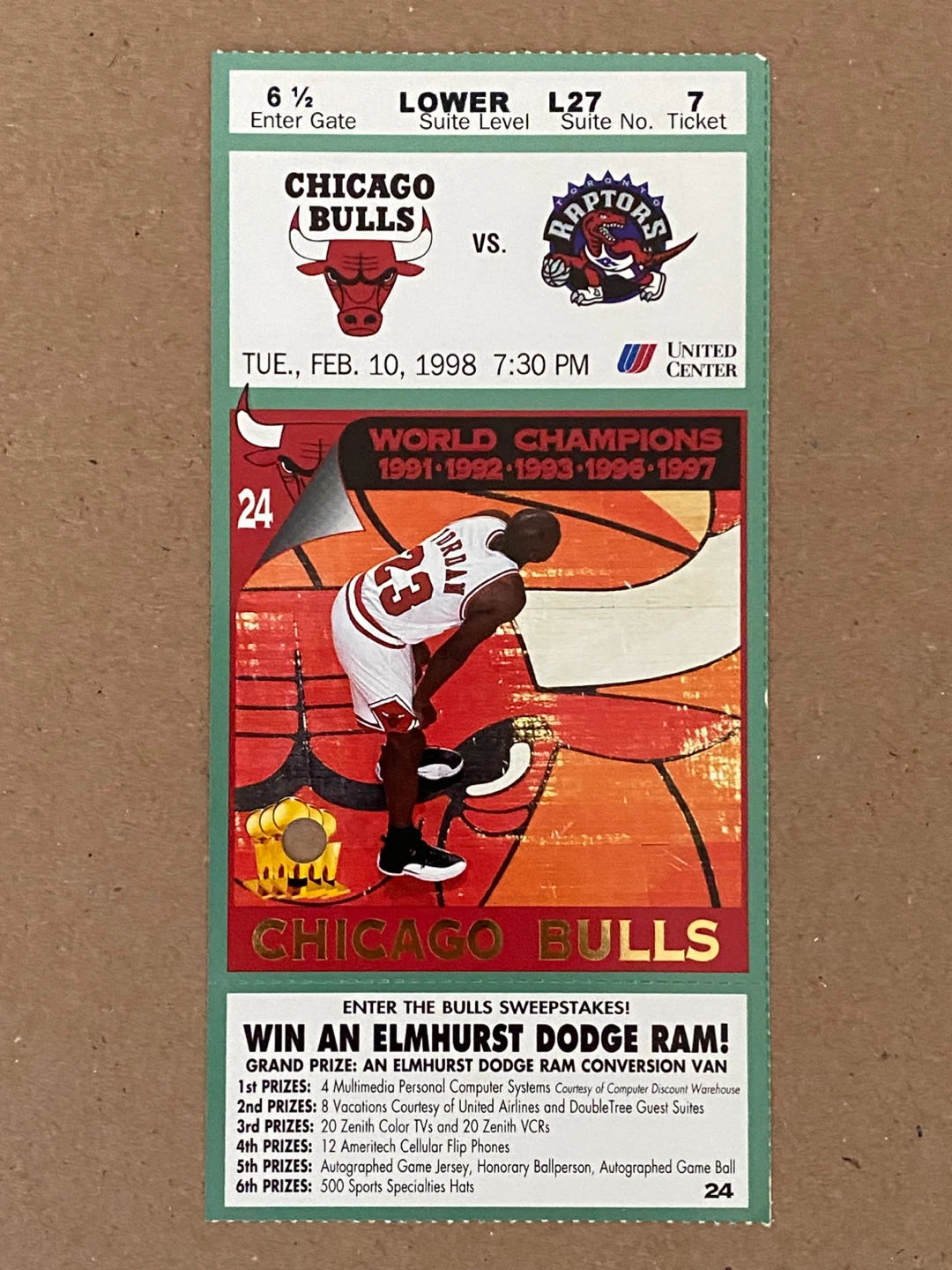Chicago Bulls vs. Toronto Raptors, 1998 Ticket Stub
