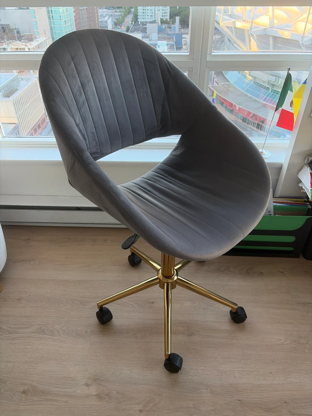 Grey Velvet Office Chair with Gold Base
