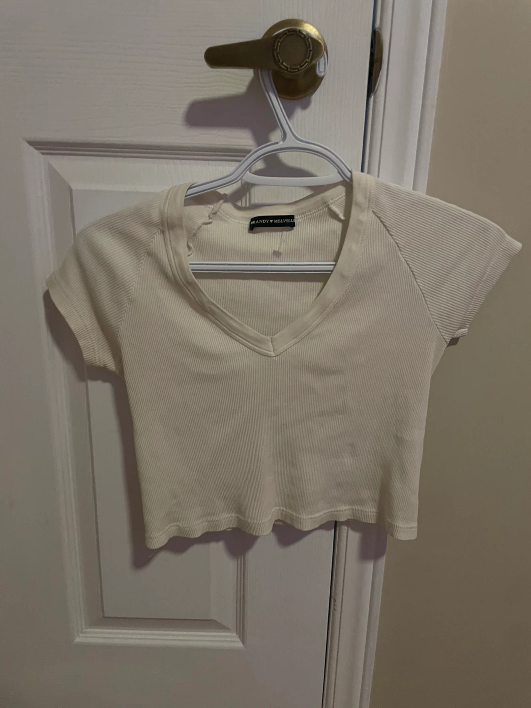 Brandy Melville Cream Ribbed V-Neck T-Shirt