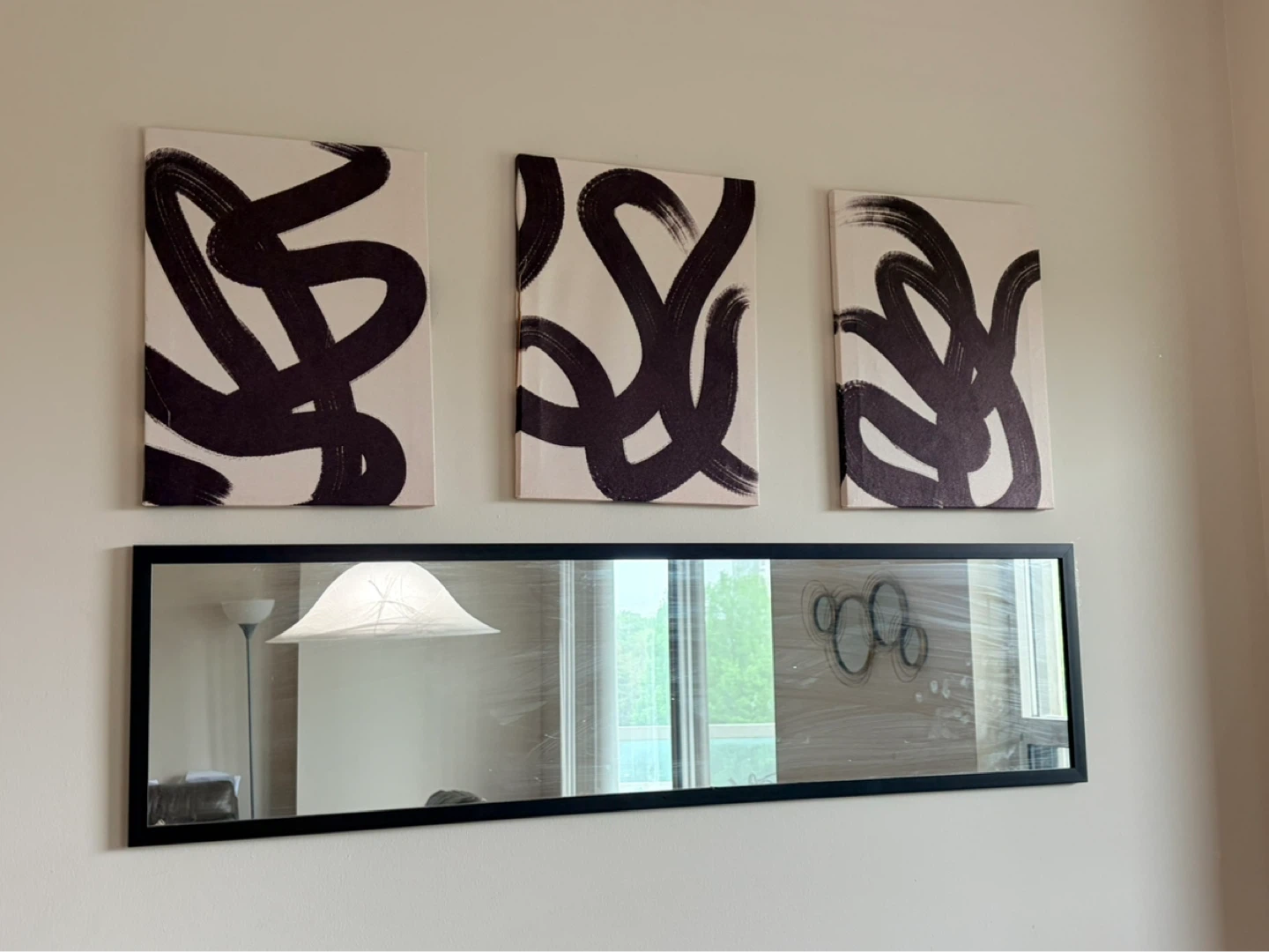 Set of 3 Abstract Canvas Wall Art with mirror