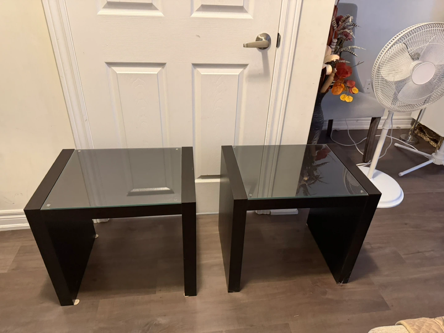 Pair of Dark Brown Side Tables with Glass Tops