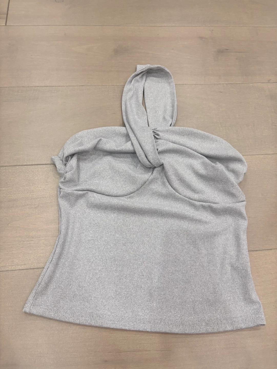 Grey Ribbed Twist Halter Top