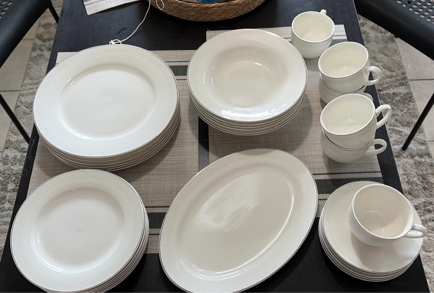 White Dinnerware Set with Silver Trim