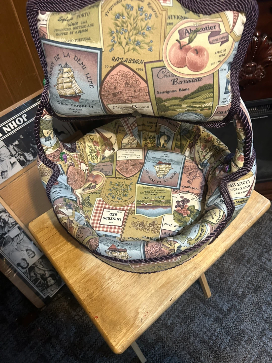 Fabric Storage Basket with Wine Label Design