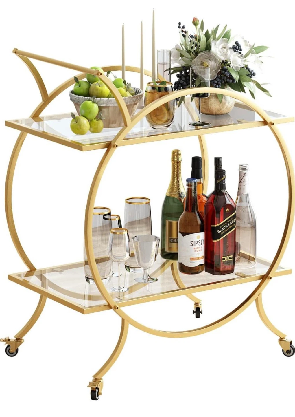 Gold Bar Cart with Glass Shelves