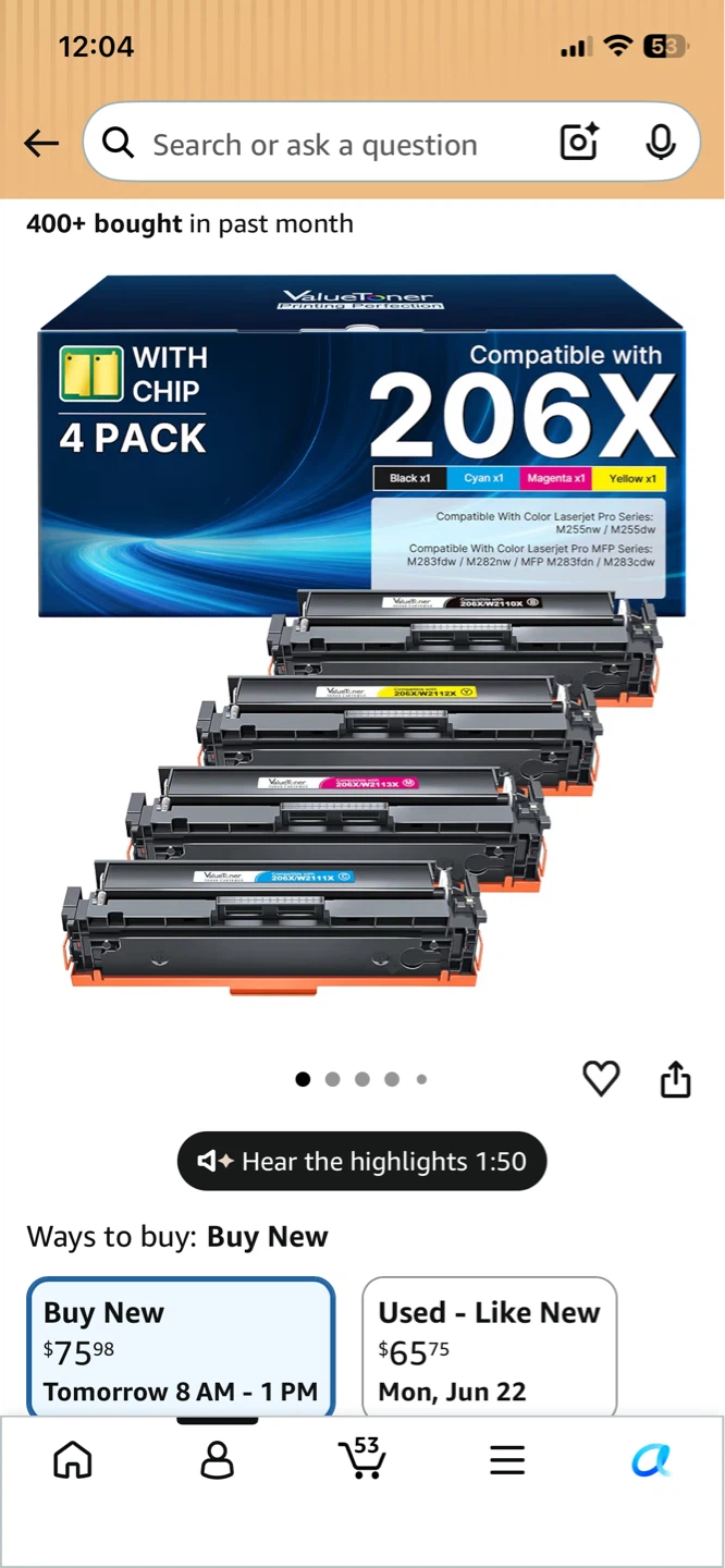 ⚽ ValueToner 4 Pack 206X Toner Cartridges with Chip Compatible