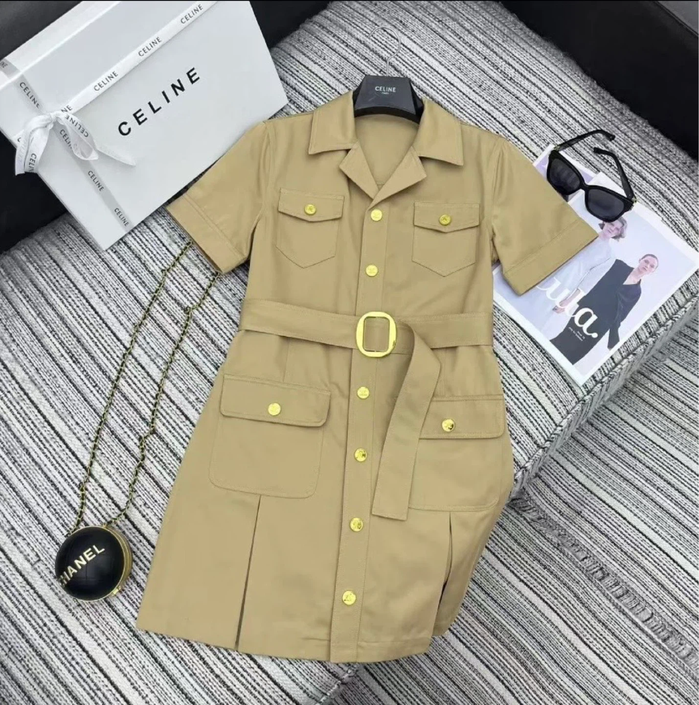 Celine Khaki Utility Dress with Gold Hardware