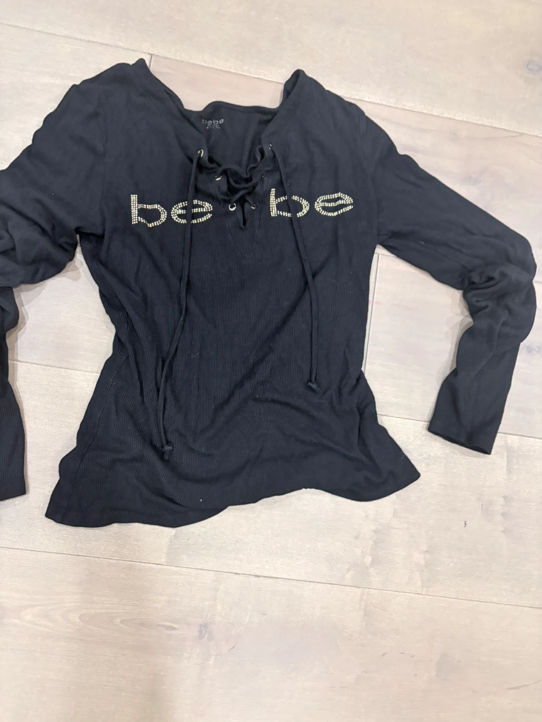 Vintage Bebe Black Rhinestone Lace-Up Long Sleeve Shirt