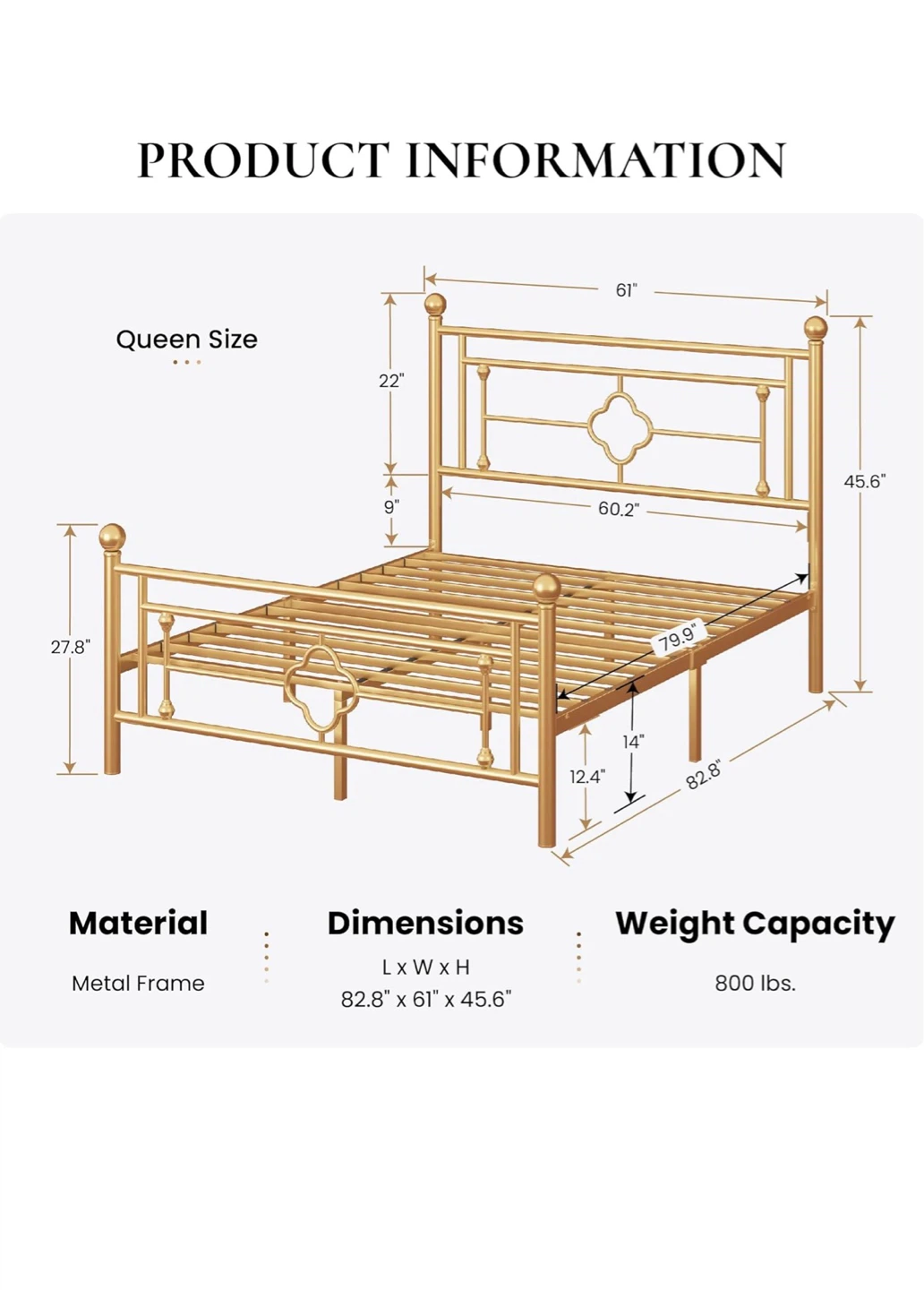 Sha Cerlin Gold Metal Platform Bed Frame - Queen Size - photo 2