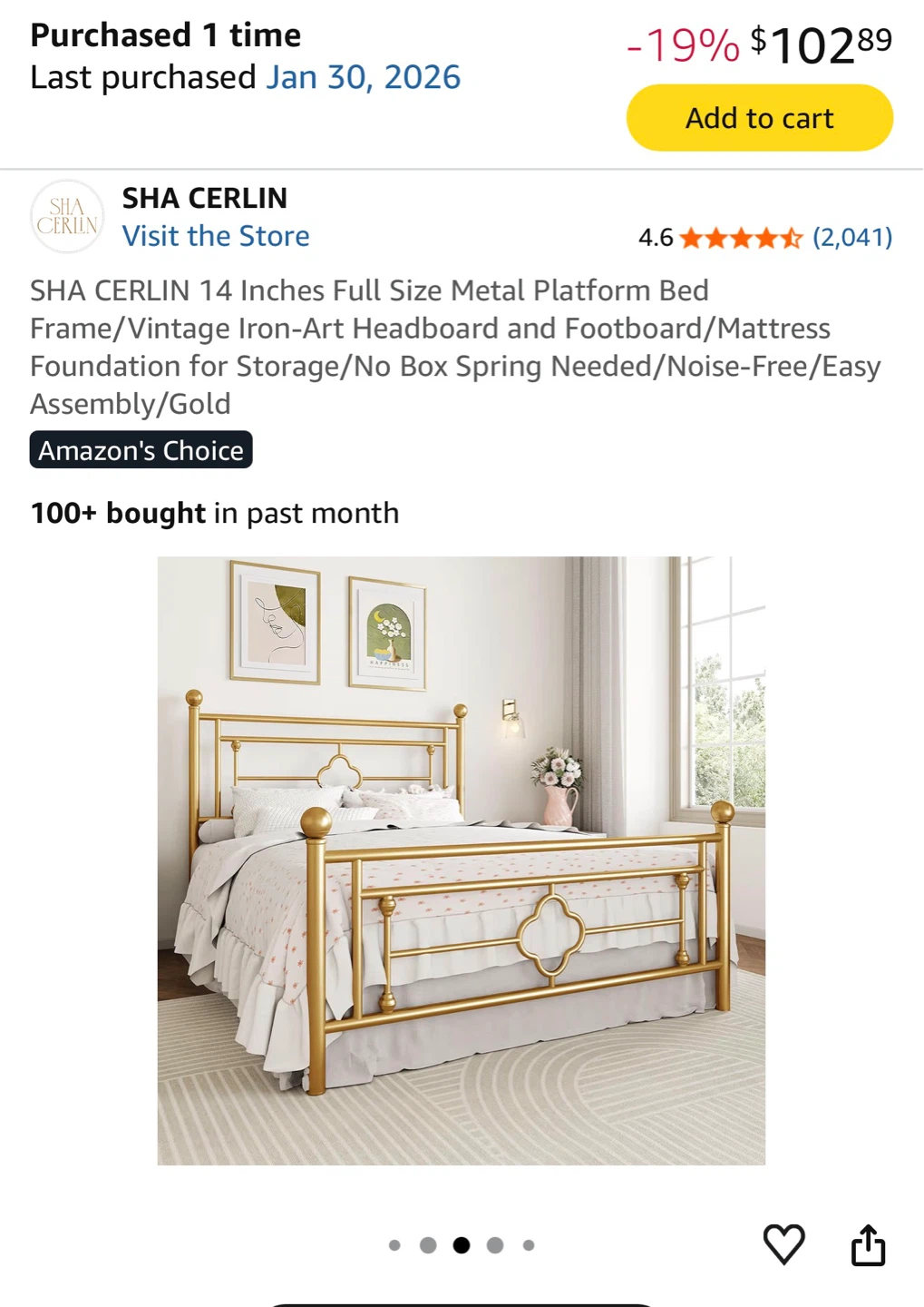 Sha Cerlin Gold Metal Platform Bed Frame - Queen Size - photo 5
