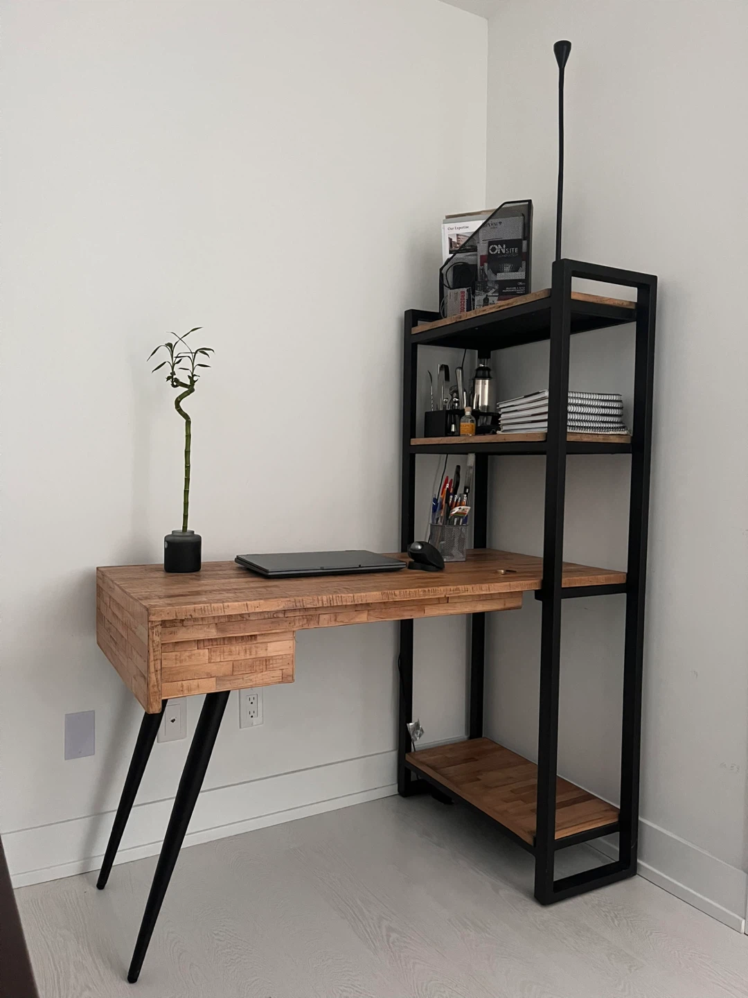 Wood and Metal Desk with Bookshelf + Chair
