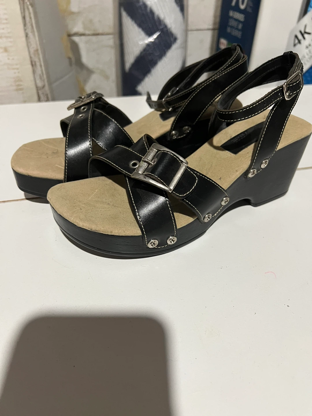 ⚽ Black Wedge Sandals with Buckle Detail