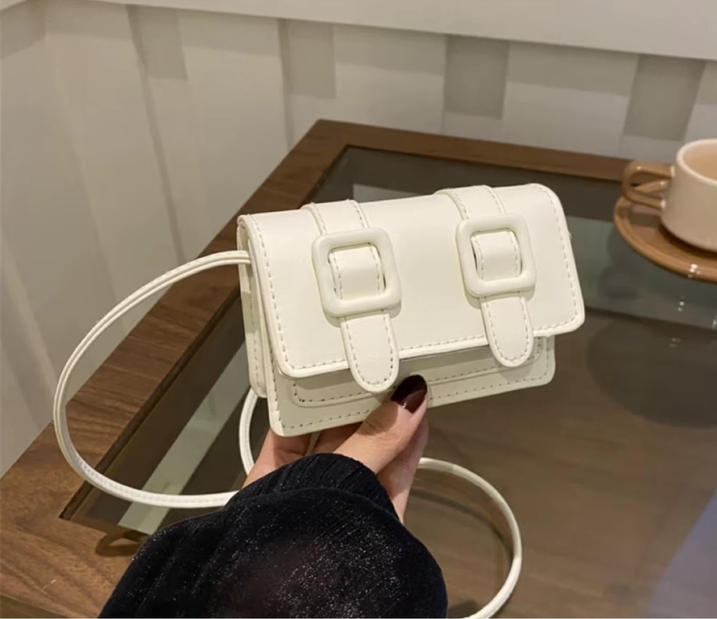 White Mini Shoulder Bag with Buckle Closure