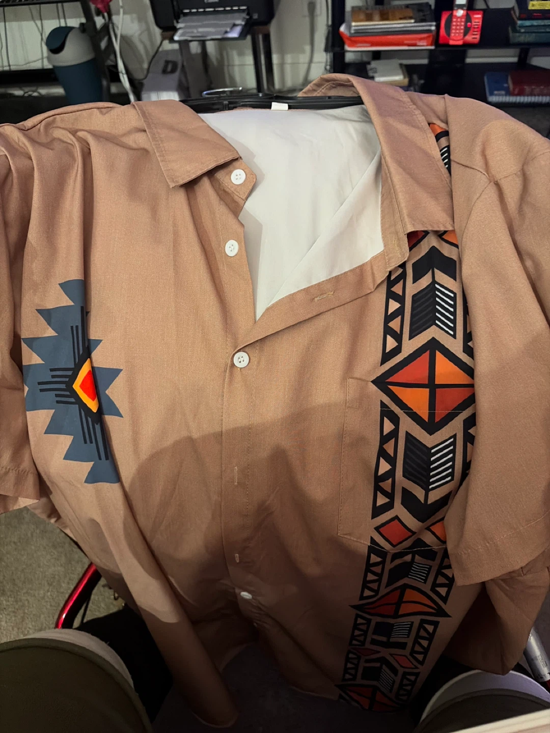 Brown Button-Up Shirt with Southwestern Design - Size 7XL