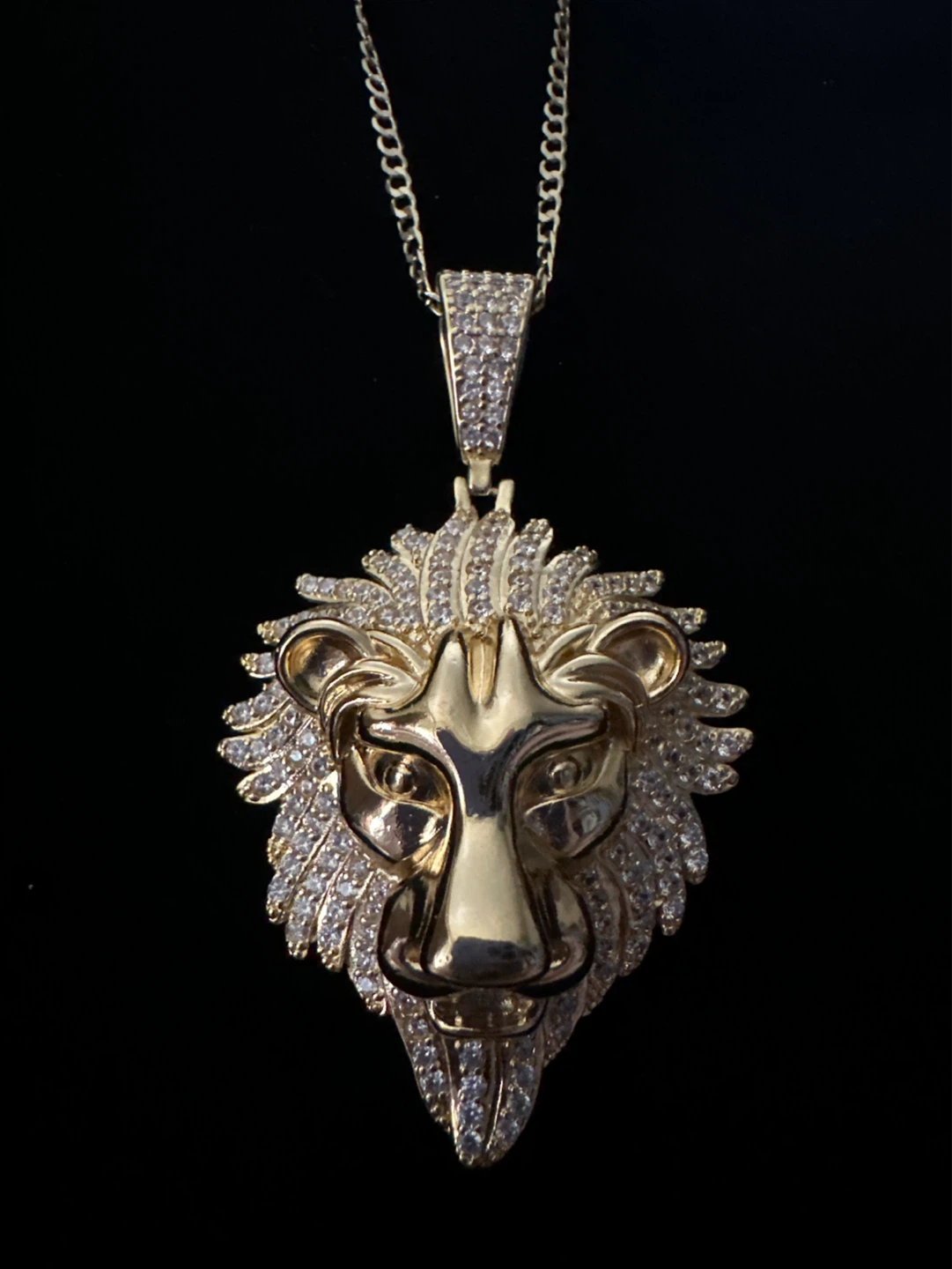 Gold laminated Lion Head Pendant Necklace with Iced Out Gems