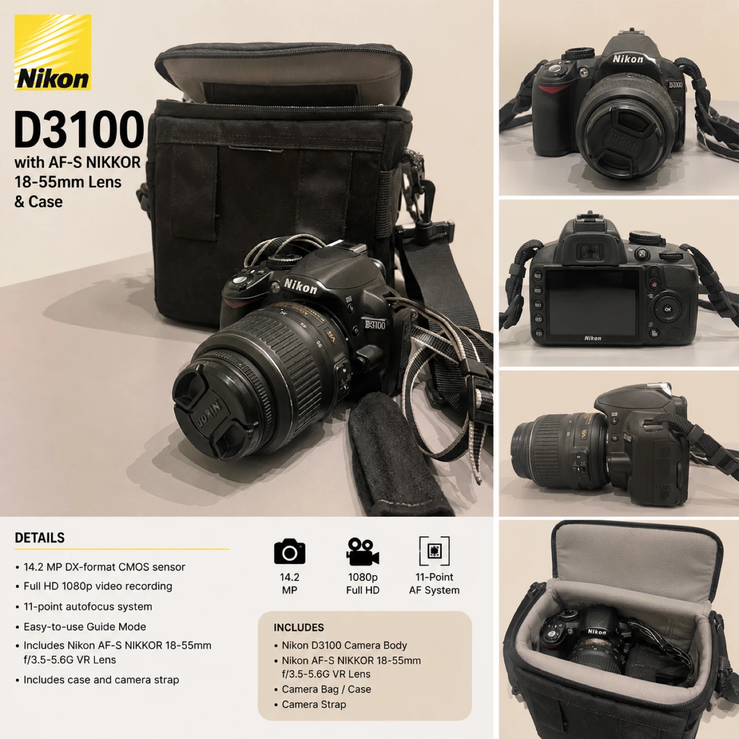 Nikon D3100 DSLR Camera with 18-55mm Lens and Case