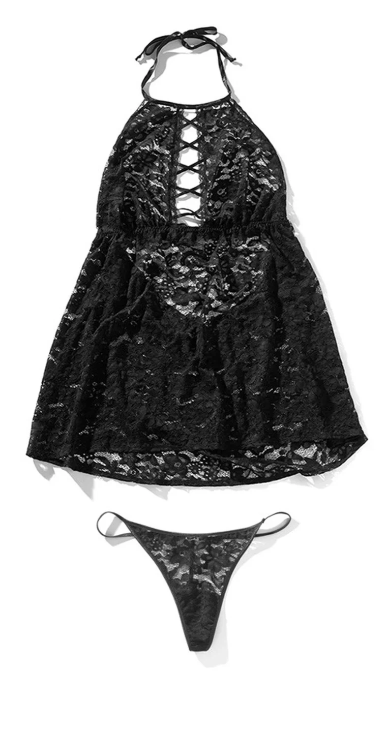 Adore Me Loraina Plus Black Lace Halter Teddy & Thong Set - photo 3