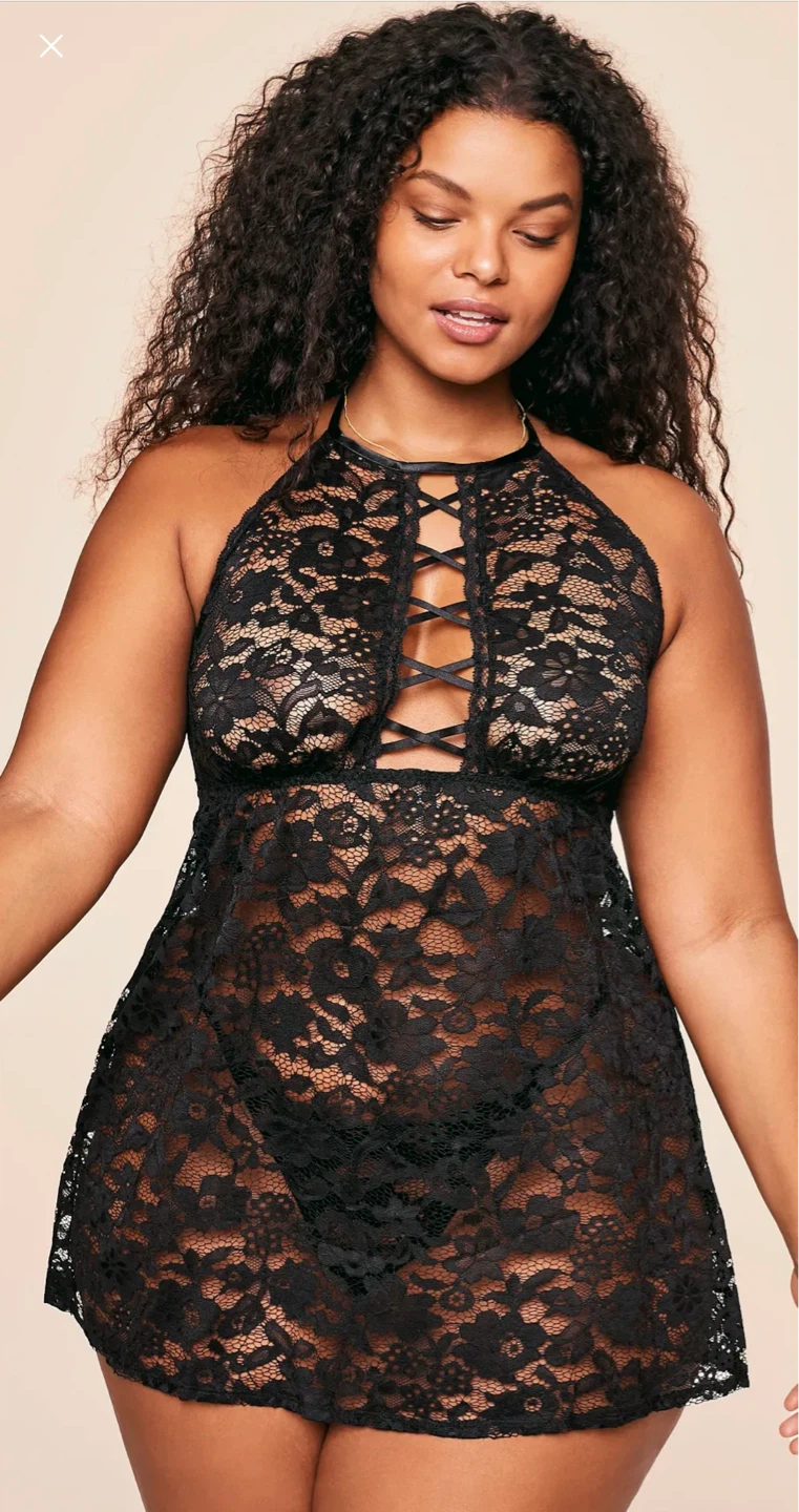 Adore Me Loraina Plus Black Lace Halter Teddy & Thong Set