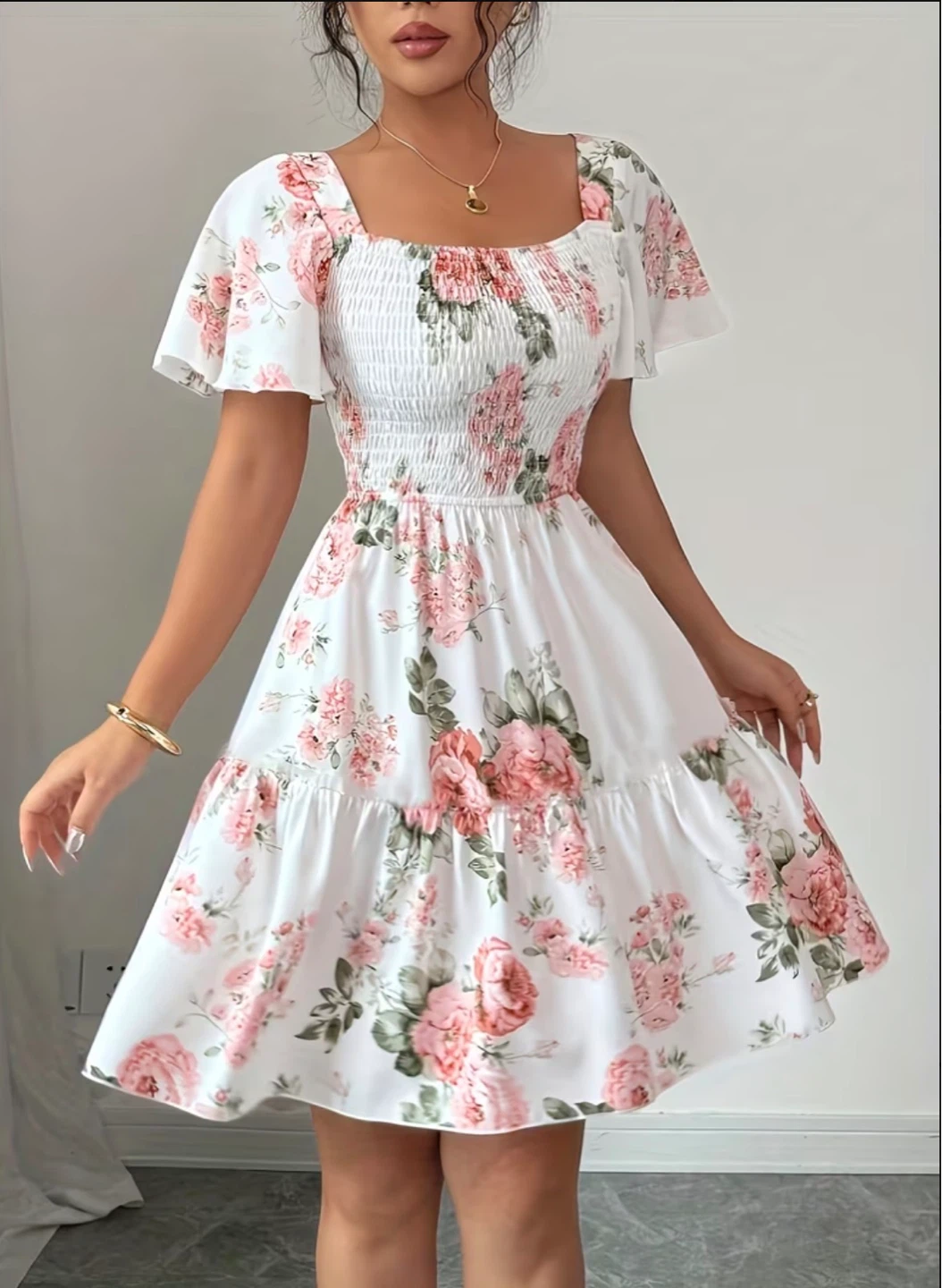 White Floral Print Smocked Dress