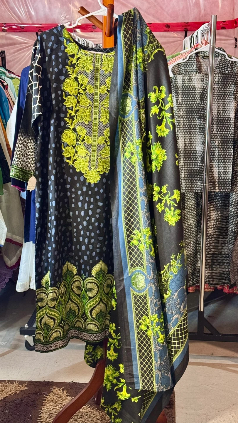 Black and Green Embroidered Kurti with Dupatta Set