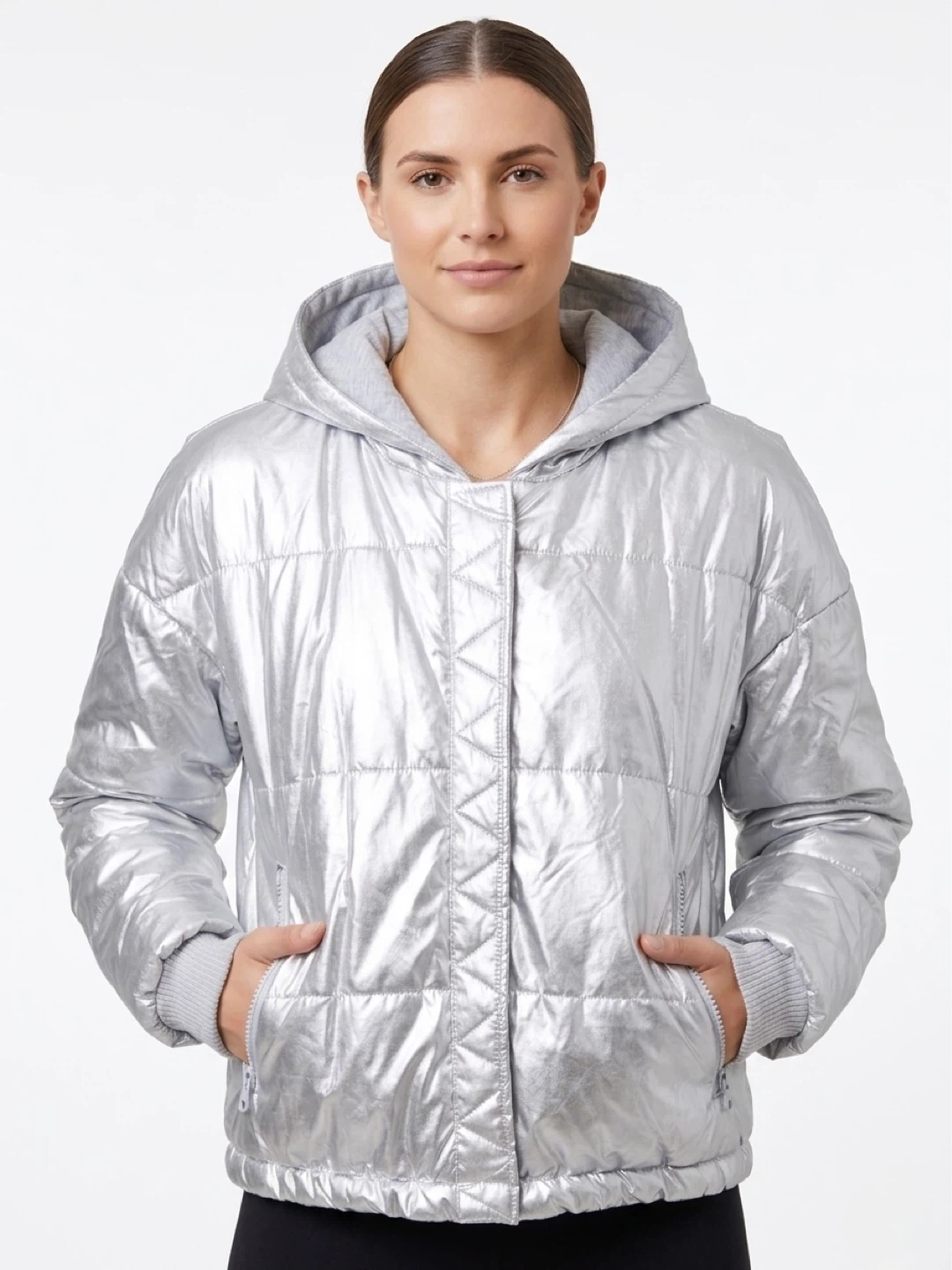 Splendid Metallic Silver Hooded Puffer Jacket Coat Medium
