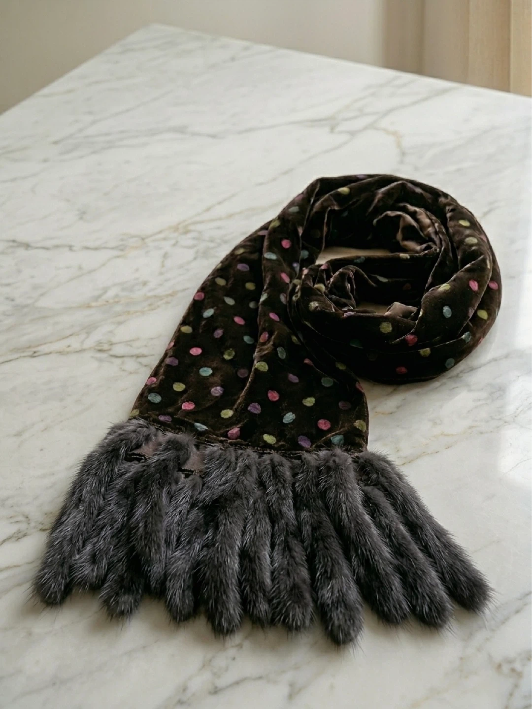 Real Mink Fur Brown Velvet Polka Dot Scarf