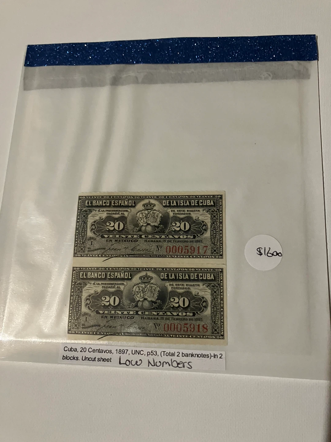 Cuba 20 Centavos Banknotes - 1897 Low Numbers