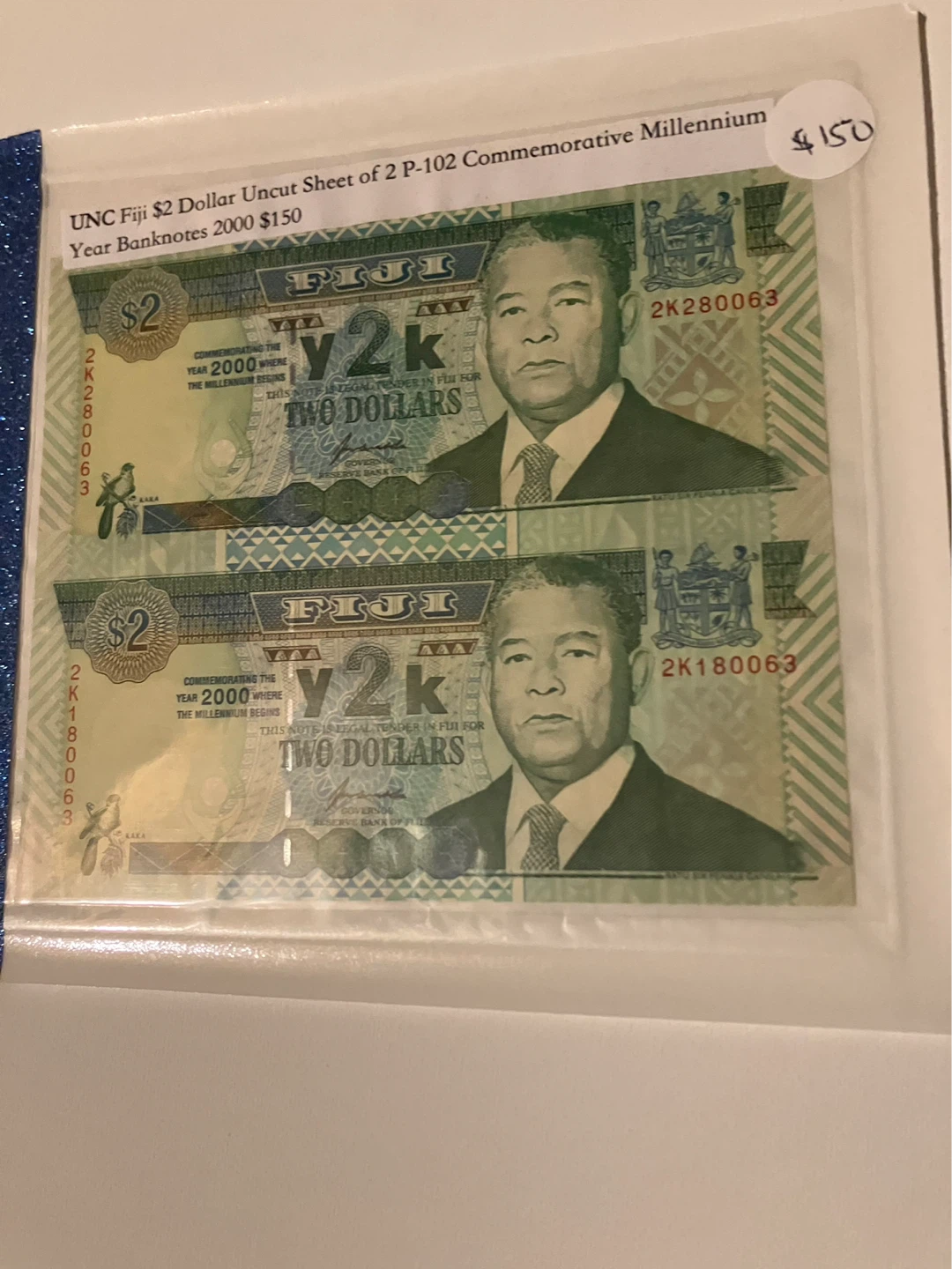 UNC Fiji $2 Uncut Sheet of 2 Millennium Year 2000 ⚽️