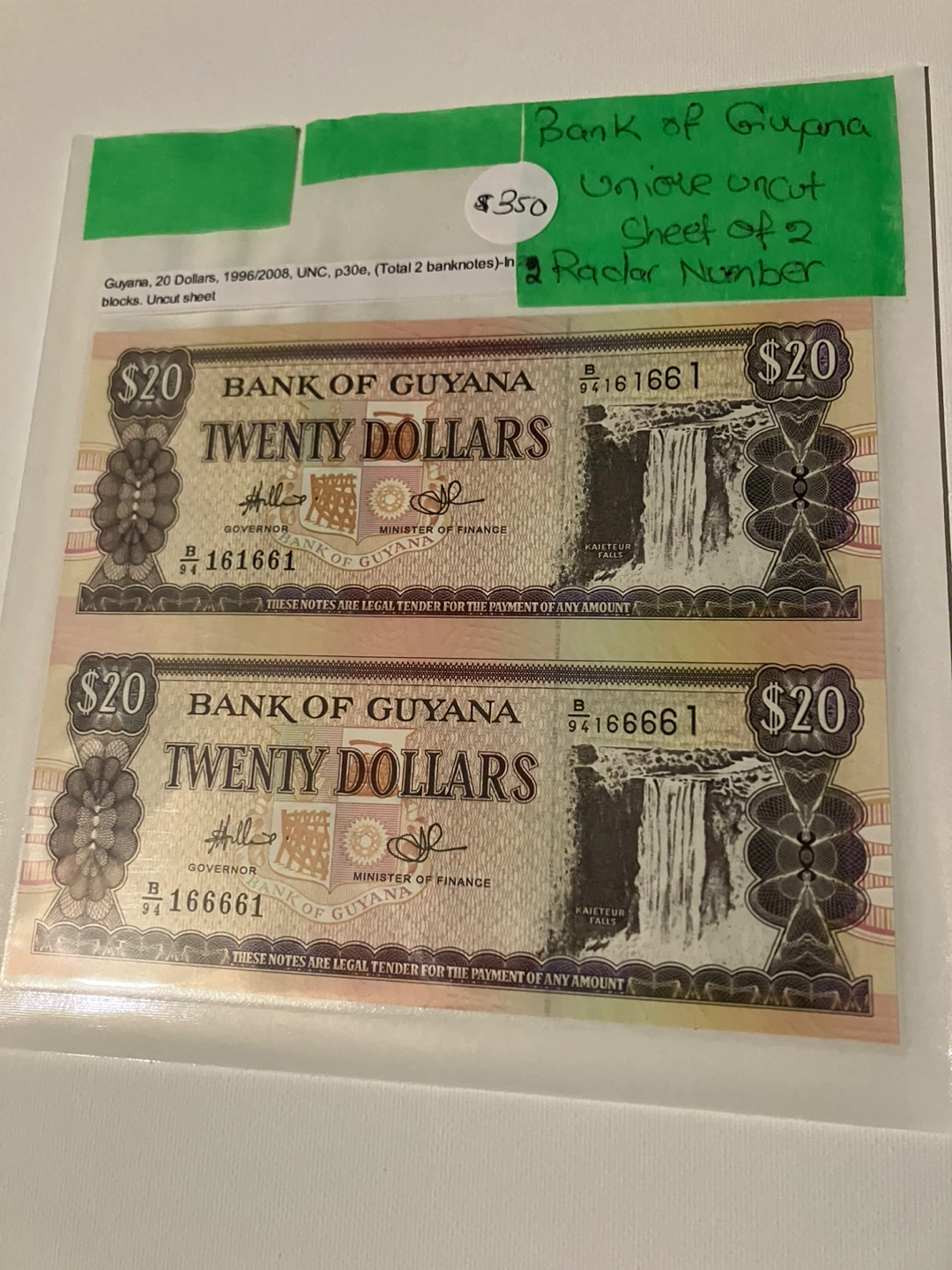 Bank of Guyana 20 Dollars UNC Uncut Sheet of 2 ⚽️